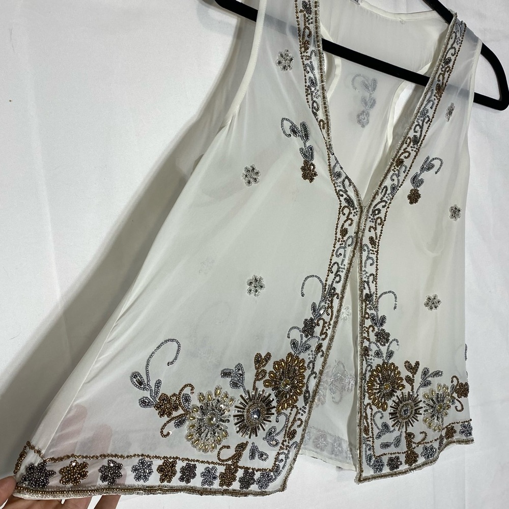 Vintage White Sheer Vest With Intricate Metallic Beading S Boho Whimsigoth Fairy - Picture 12 of 16